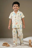 Off White Printed Night Suit Set For Boys