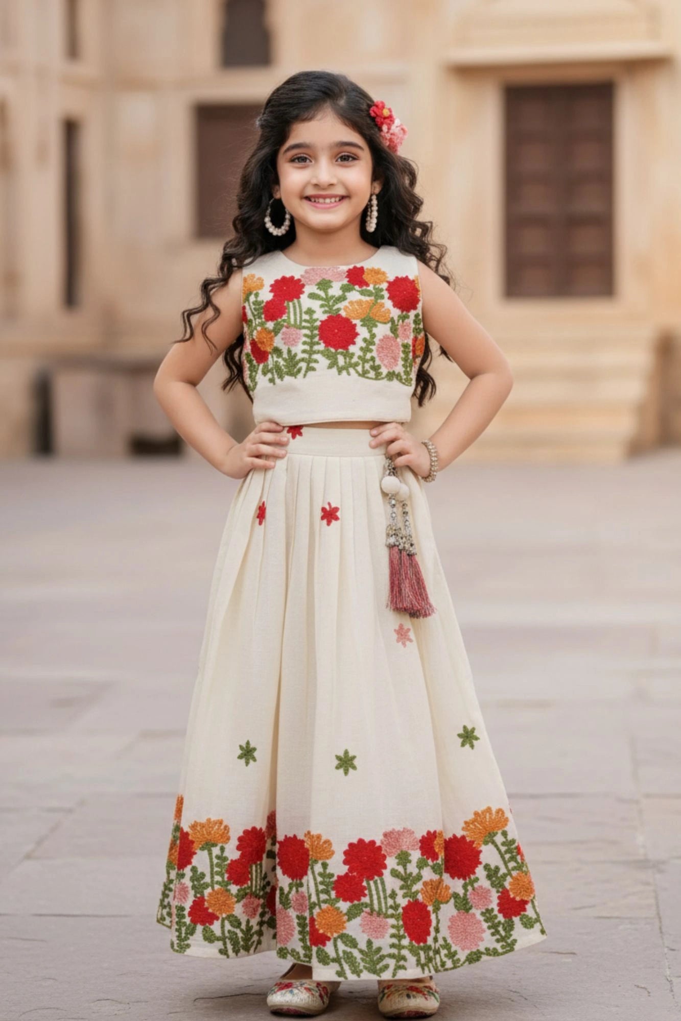 Cream Floral Embroidered Lehenga Choli for Girls