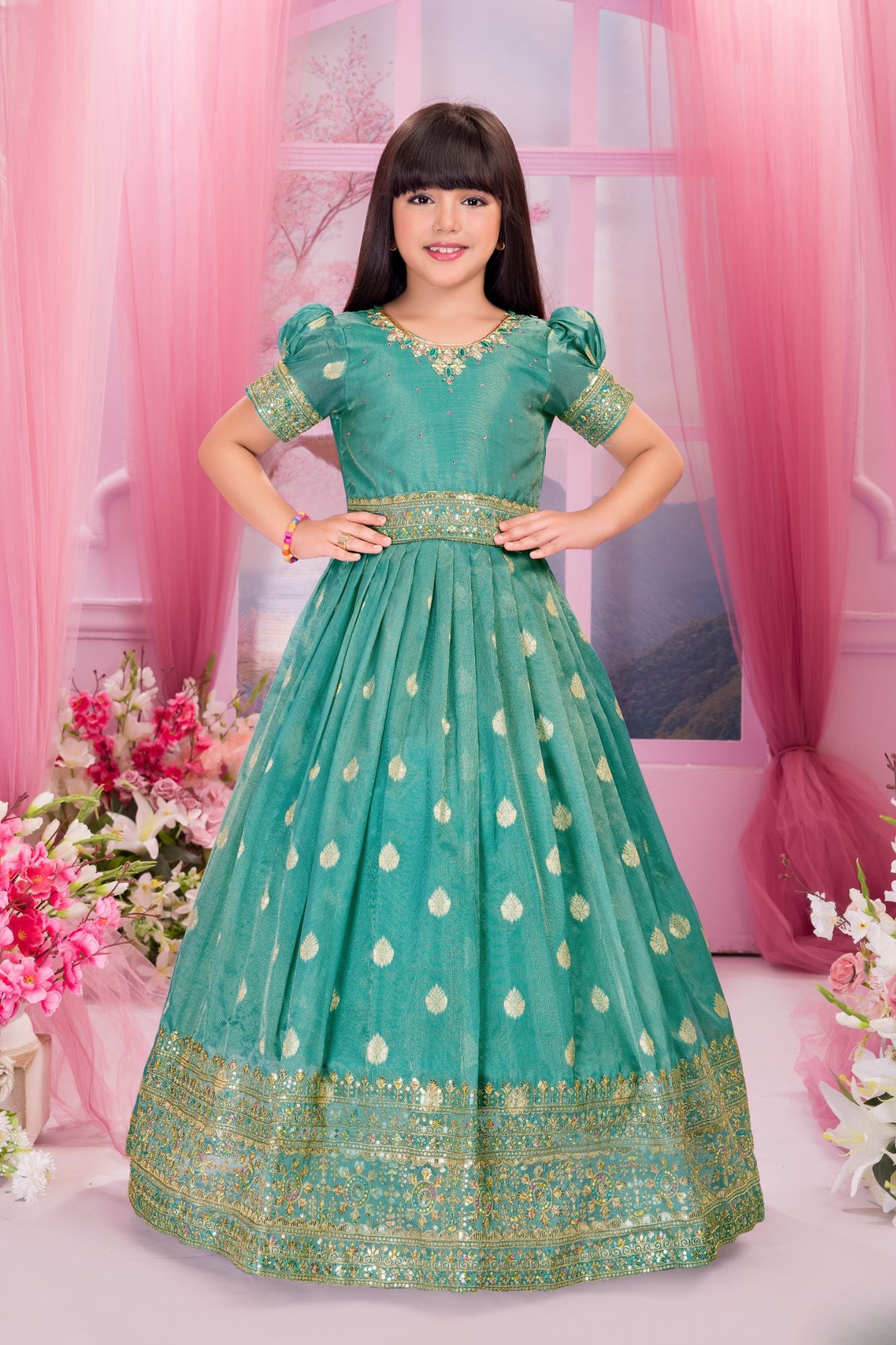 Sea Green Ethnic Gown For Girls