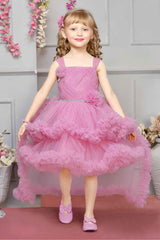 Pink Sleeveless Stone Work And Floral Embellished Tail Back Frock For Girls