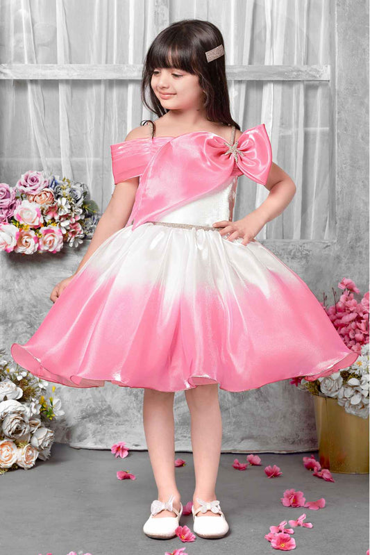 Pink And White Off-Shoulder  Party Frock For Girls