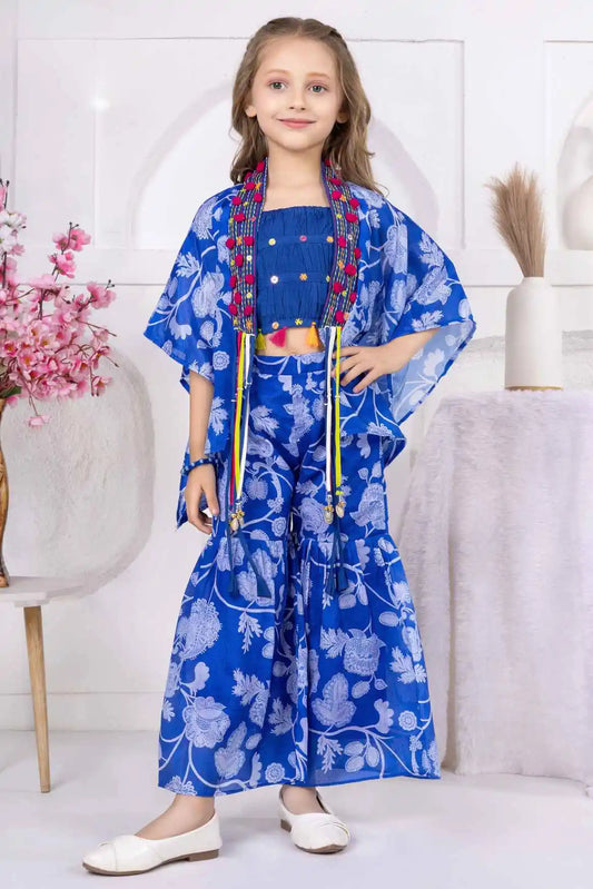 Blue Printed Co-Ord Set With Embellished Overcoat For Girls
