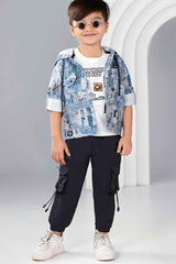 Blue Printed Hoodie With White T-Shirt And Pant Set For Boys