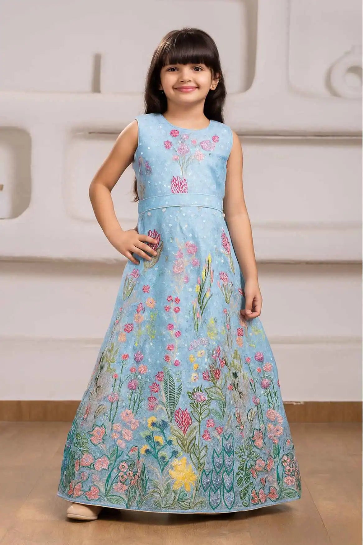 Blue Floral Embroidered Gown For Girls