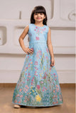 Blue Floral Embroidered Gown For Girls