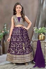 Violet Sequins Work And Zari Embroidered Lehenga Choli For Girls