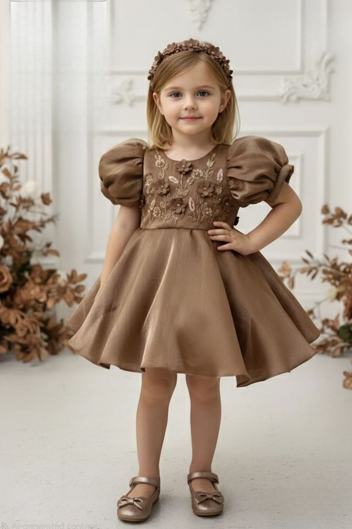 Brown Embroidered Puff Sleeve Party Frock For Girls