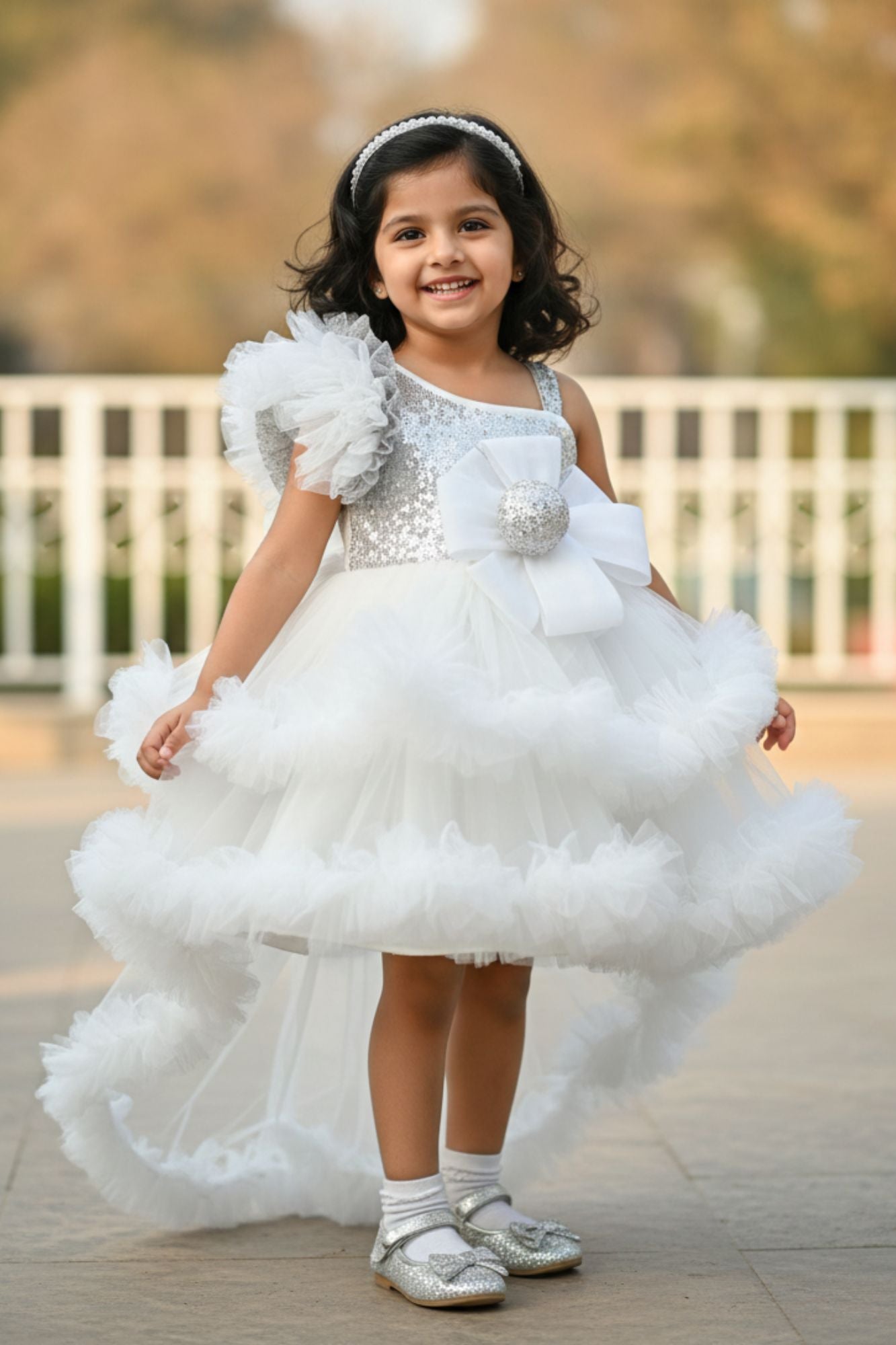 White One-Shoulder Sequin Party Frock with Layered Tulle For Girls