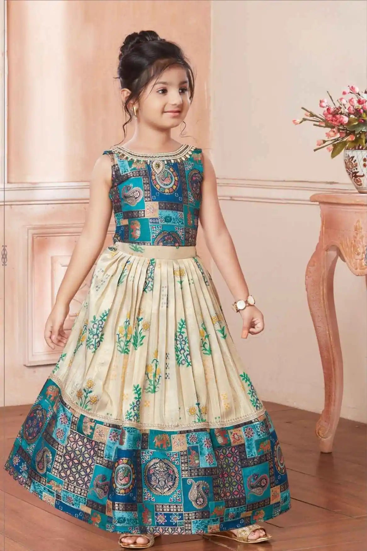Cream And Teal Floral Print And Traditional Patchwork Lehenga Choli For Girls