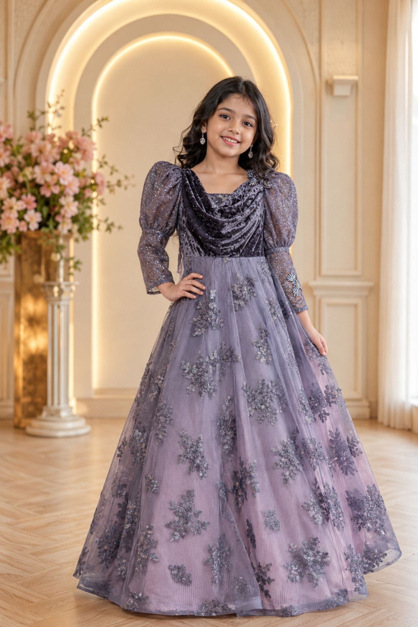 Charcoal Embroidered Ball Gown with Velvet Drape Neck