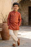 Red Ethnic Printed Kurta with Cream Pyjama Set For Boys
