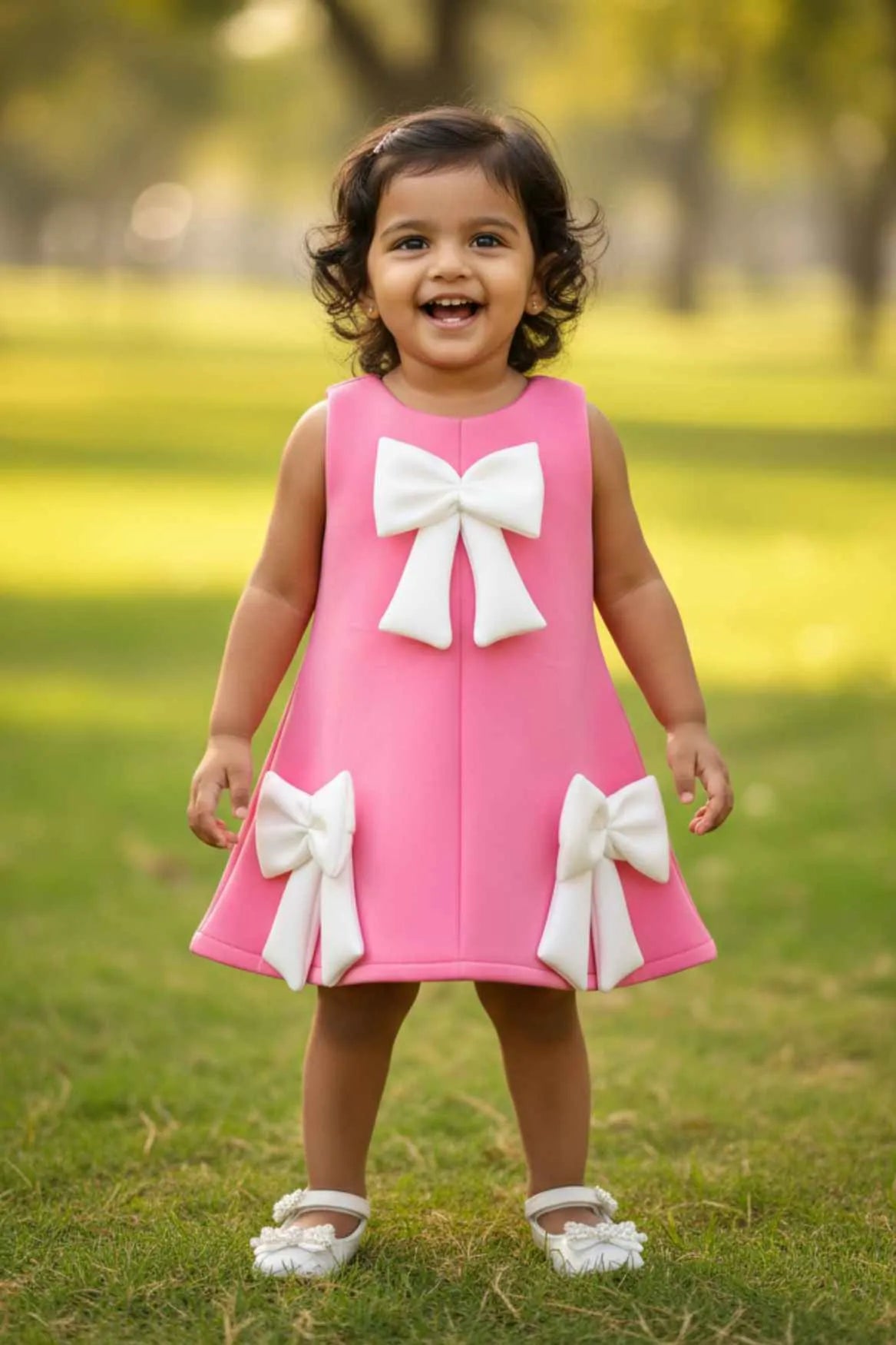 Baby Pink Party Frock with White Bow Accents For Girls