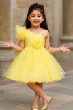 Yellow One-Shoulder Sequins Embroidered Party Frock with Floral Accent For Girls