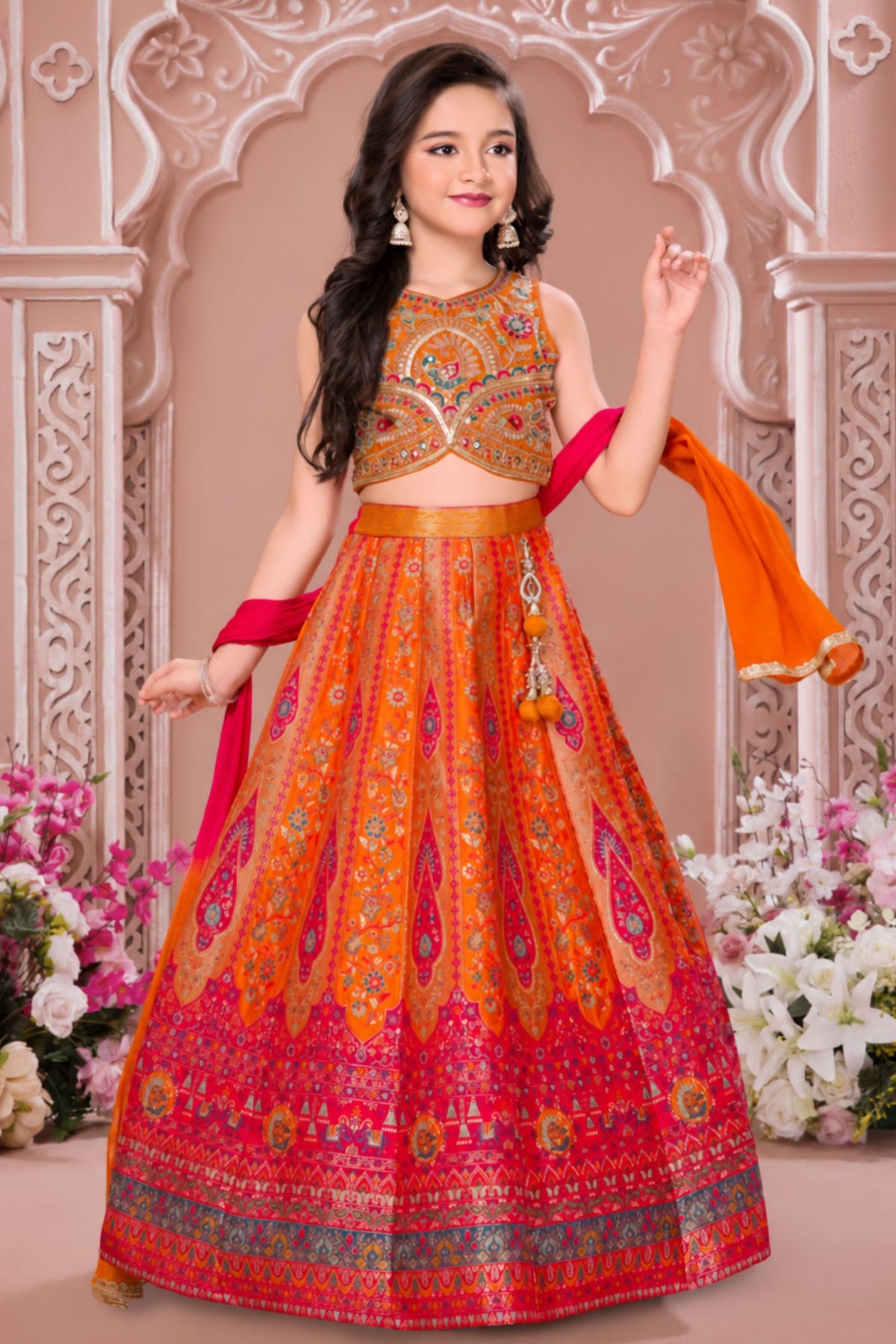 Girls Heavy Embroidered Orange And Pink Lehenga Choli Set With Dupatta