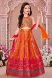 Girls Heavy Embroidered Orange And Pink Lehenga Choli Set With Dupatta