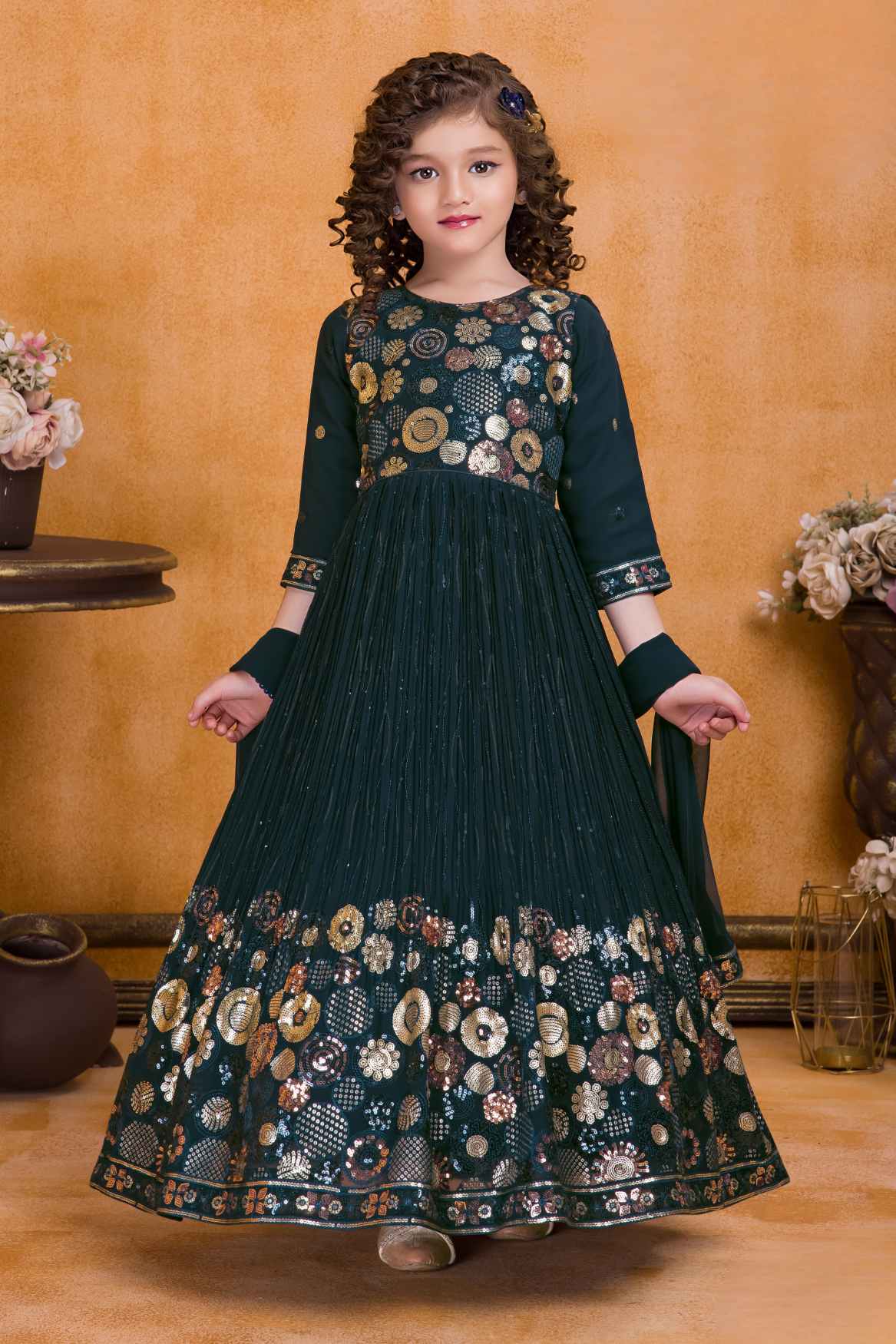 Classic Navy Blue Sequins Embroidery Ethnic Gown For Girl