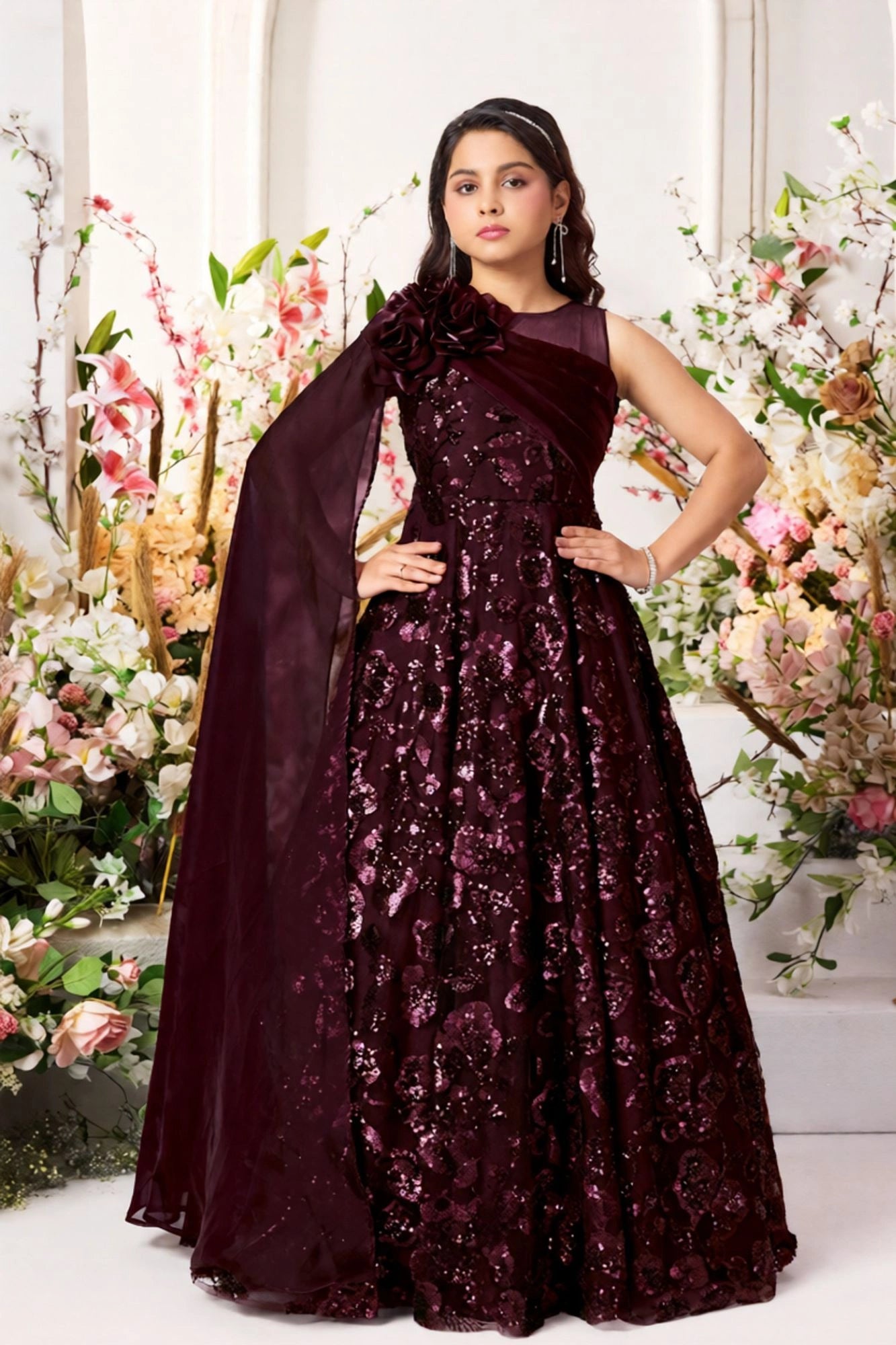 Wine Sequin Party Gown with One-Shoulder Cape & Floral Appliqué For Girls