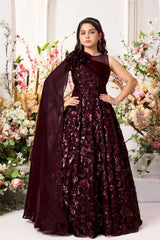 Wine Sequin Party Gown with One-Shoulder Cape & Floral Appliqué For Girls