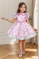 Onion Pink Floral Printed Frock With Peter Pan Collar For Girls