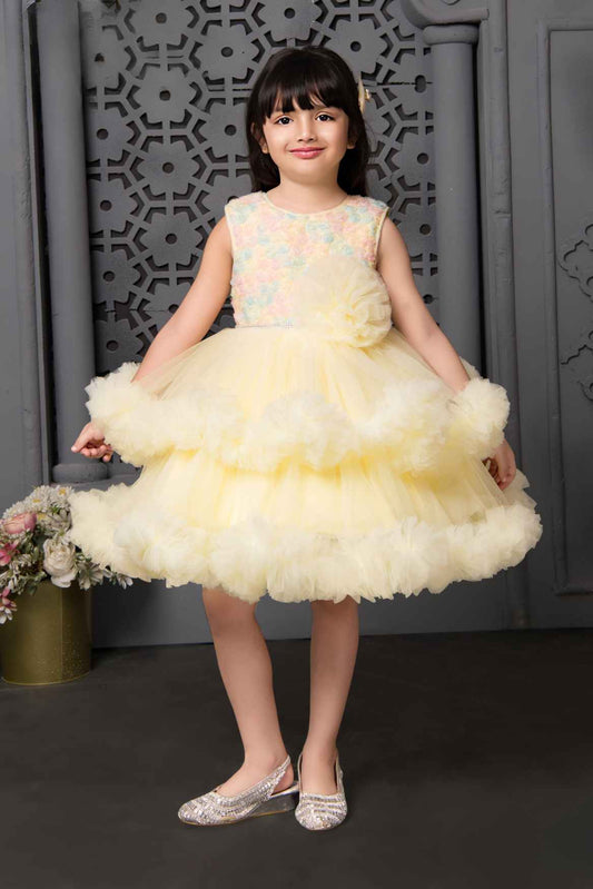 Lemon Yellow Frock With Floral Embellishment For Girls
