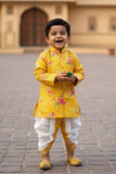Yellow Floral Printed Kurta Dhoti Set for Boys