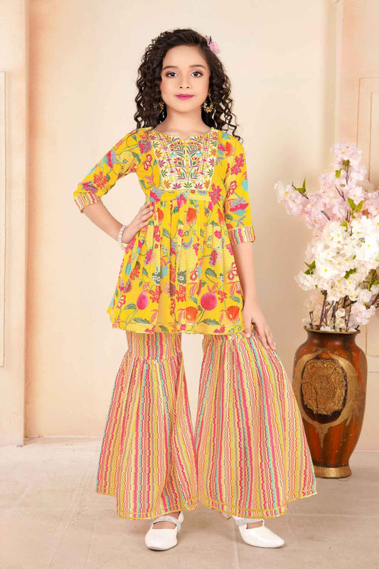 Yellow Embroidered Top With Sharara Bottom Set For Girls