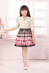 Fawn Printed Frock With Puffed Sleeves For Girls