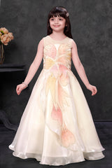 Ivory Floral Sequin Party Wear Gown with Layered Flare For Girls