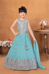 Elegant Sky Blue Sequin Embroidery Lehenga Choli For Girls