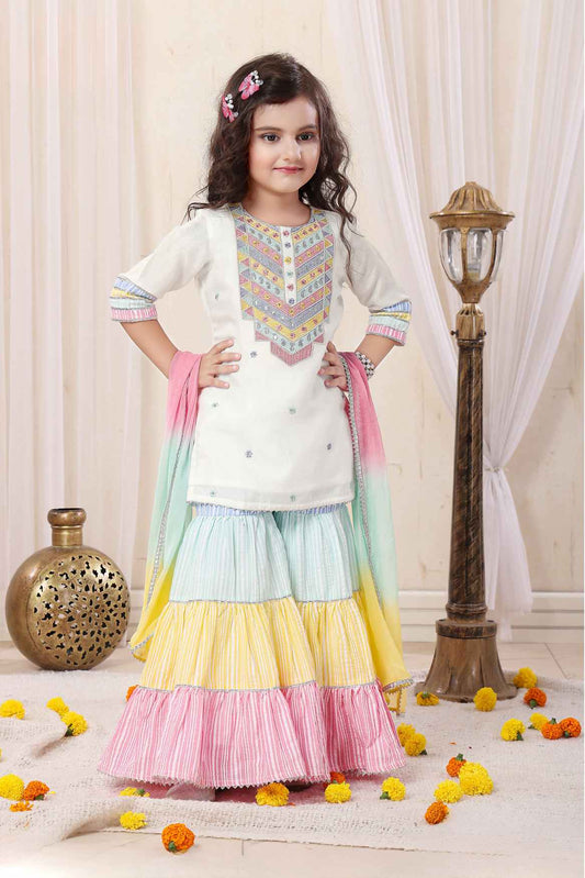 White Embroidered Top With Multicolor Sharara Set For Girls