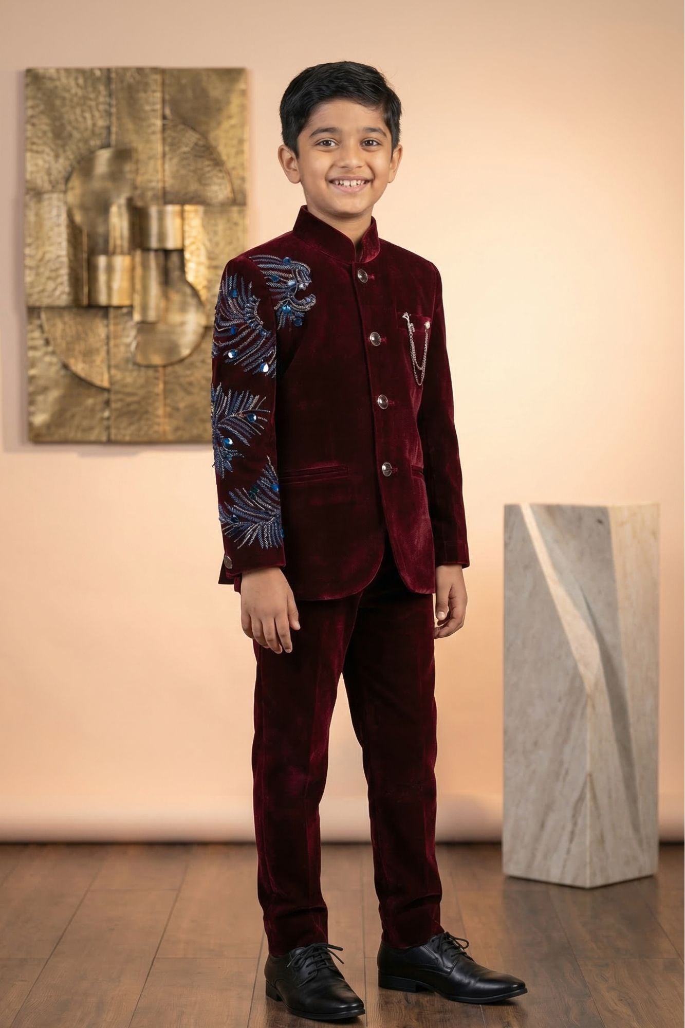 Maroon Velvet Jodhpuri Suit with Embroidered Sleeve Details For Boys