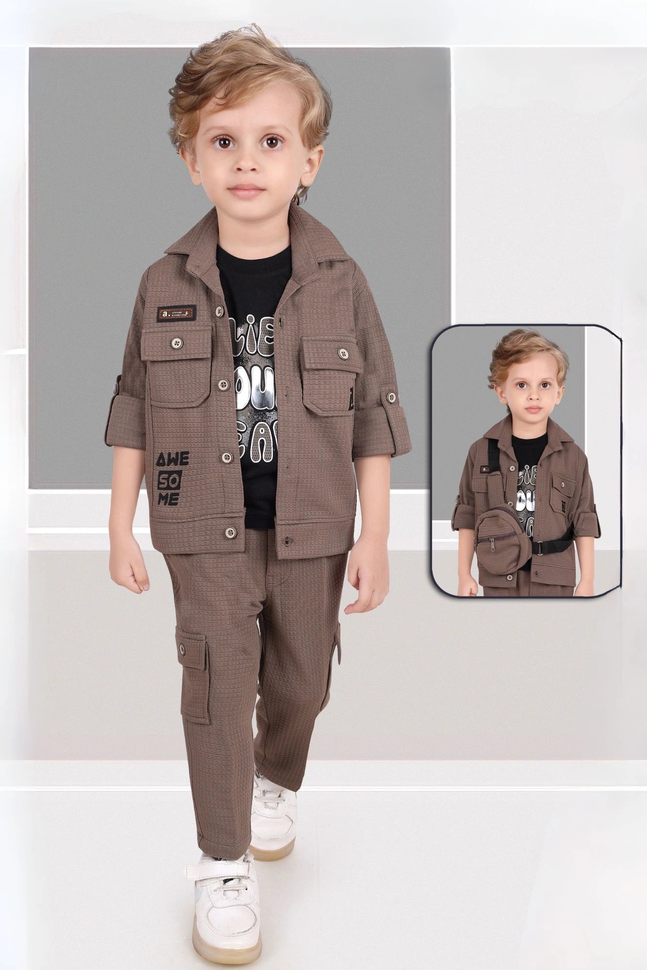 Brown And Black 3-Piece Utility Style Set with Cargo Pants For Boys
