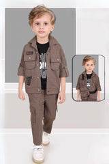 Brown And Black 3-Piece Utility Style Set with Cargo Pants For Boys