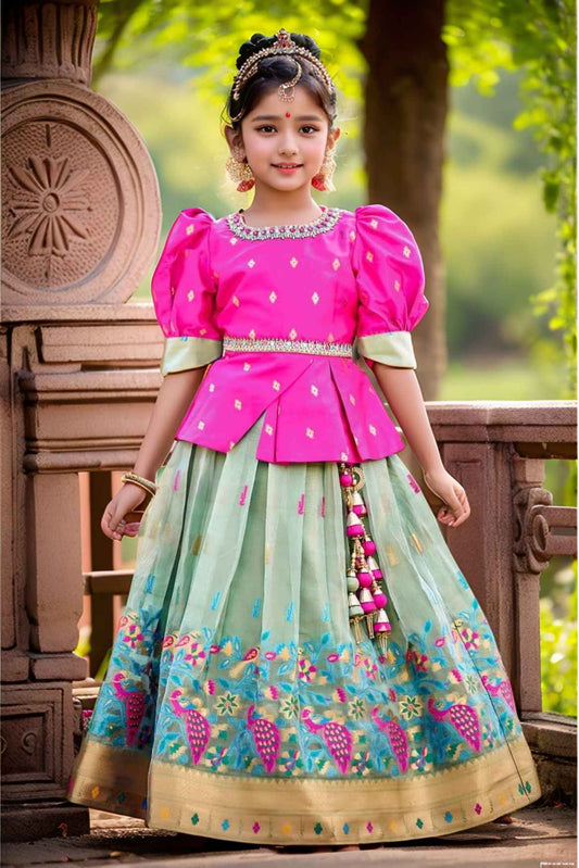 Pink And Green Puff Sleeves With Mirror Embroidery Work Pattu Pavadai Set For Girls