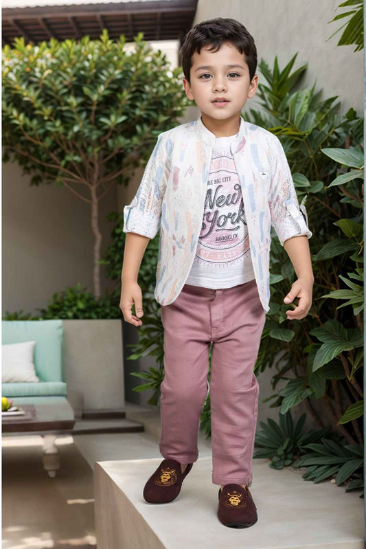 Purple Overcoat With White T Shirt And Pant Set For Boys