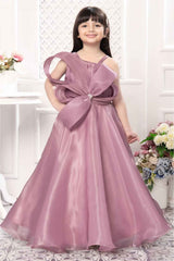 Onion Pink  Bow Embellished With Stone Work Gown For Girls