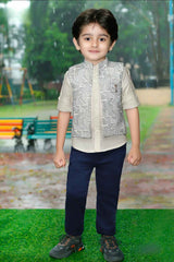 Cream Full Sleeves And Printed Waist Coat Set For Boys