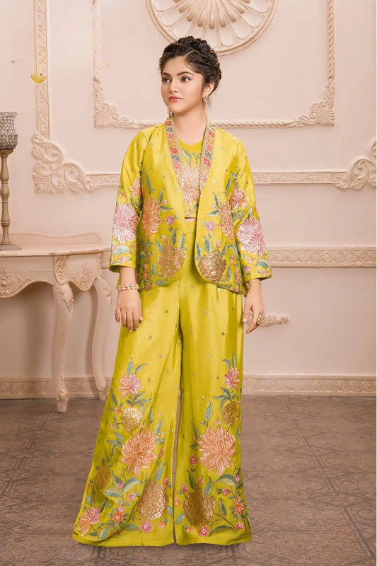 Mustard Floral Embroidered 3-Piece Ethnic Co-Ord Set For Girls