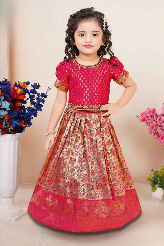 Pink And Gold Pattu Pavadai Set With Intricate Zari Work For Girls