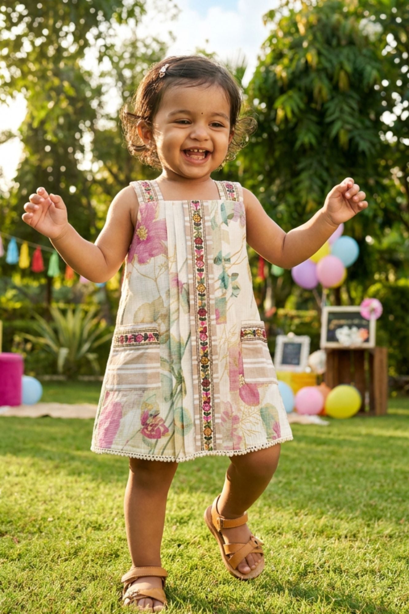 Girls Multicolor Floral Printed  Sleveless Dress with Embroidered Panel
