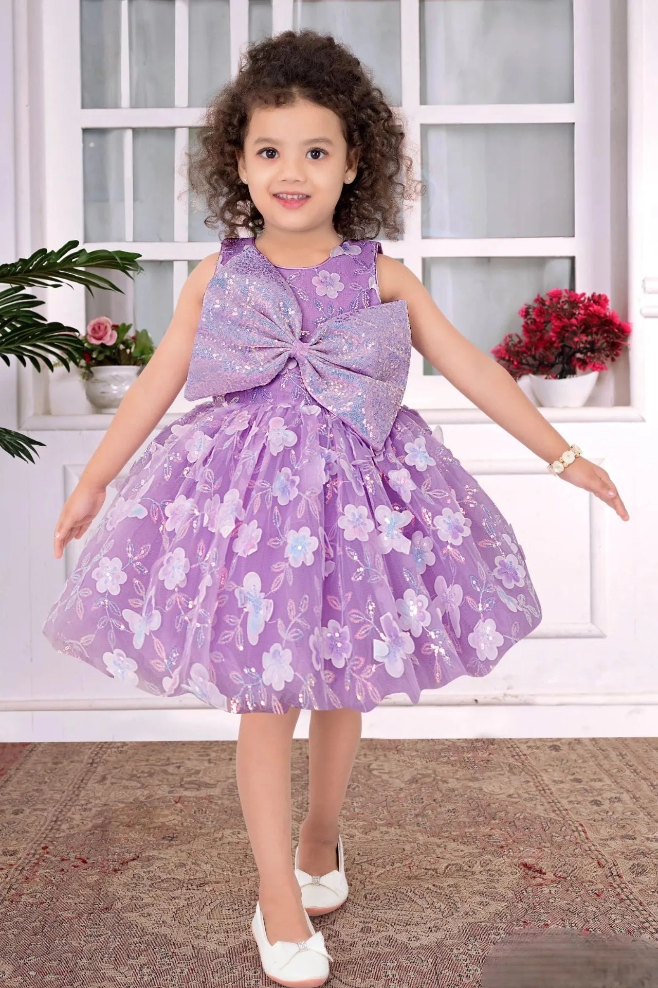 Lavender Party Wear Frock with Oversized Sequin Bow and 3D Floral Embroidery For Girls