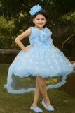 Blue Butterfly And Floral Embellished Party Wear Tailback Frock for Girls
