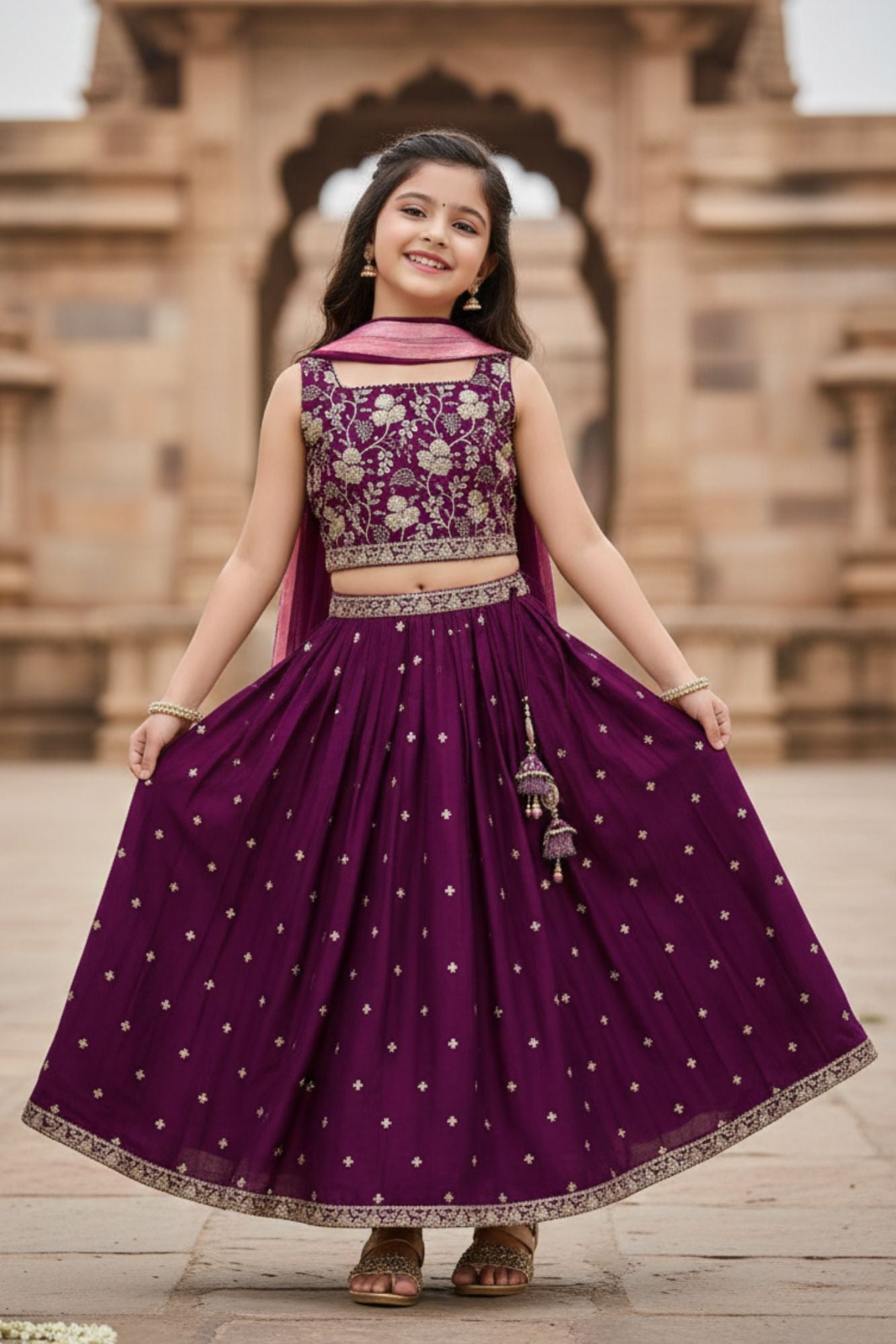 Premium Wine Embroidered Lehenga Choli with Dupatta For Girls
