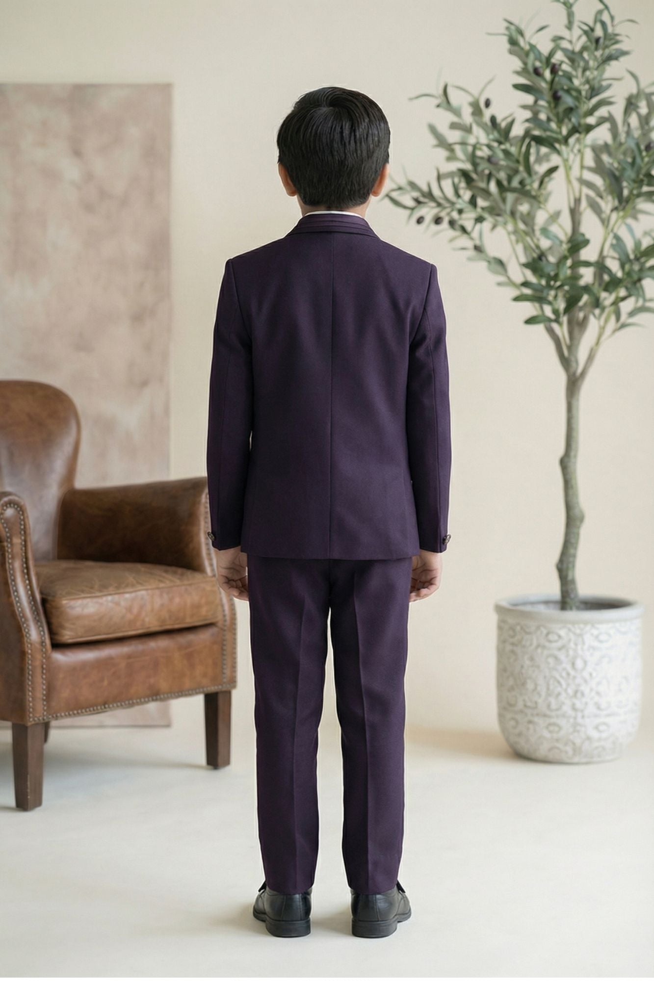 Wine Embroidered 5-Piece Suit Set With Brooch For Boys
