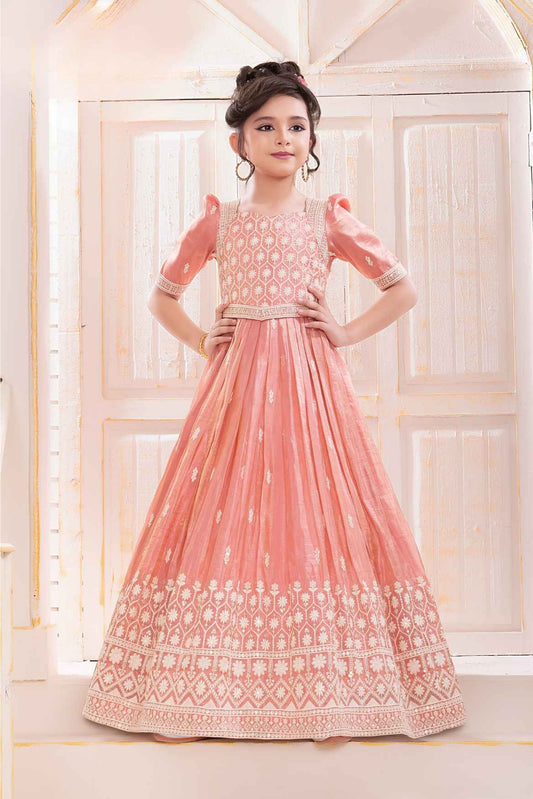 Peach Sequins Work And Embroidered Ethnic Gown For Girls