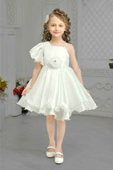 White Aysmmetric Sleeve Frock With Floral Embellished For Girls