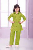 Green Casual Top With Matching Straight Pant Set For Girls
