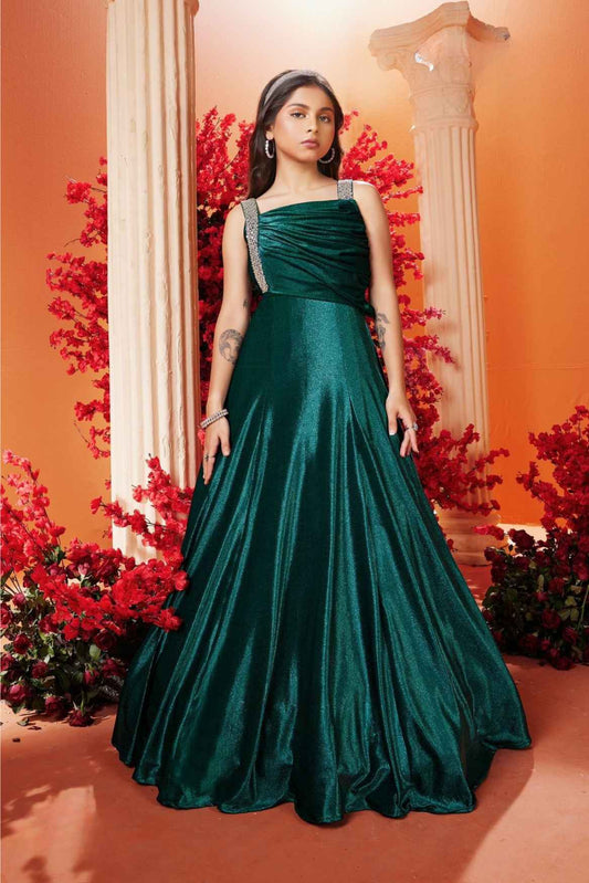 Elegant Teal Green Sequined Velvet Partywear Gown For Girls