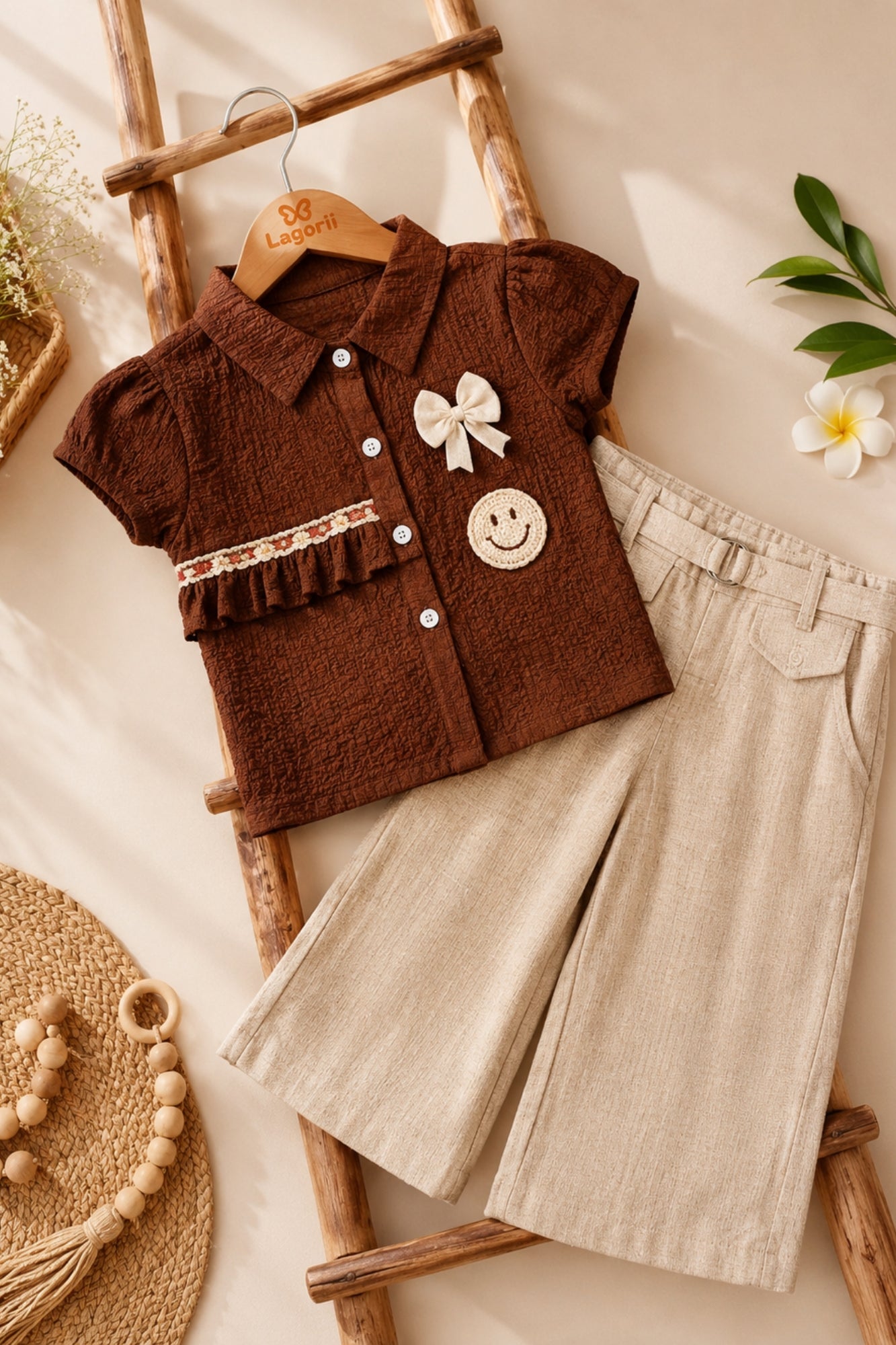 Brown Applique Top with Beige Wide Leg Pants Set