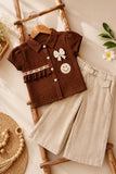 Brown Applique Top with Beige Wide Leg Pants Set
